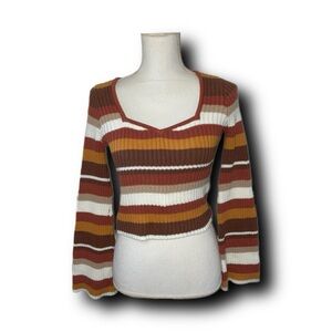 Hollister Striped Ribbed Knit Sweetheart Neckline Sweater with Retro Vibes